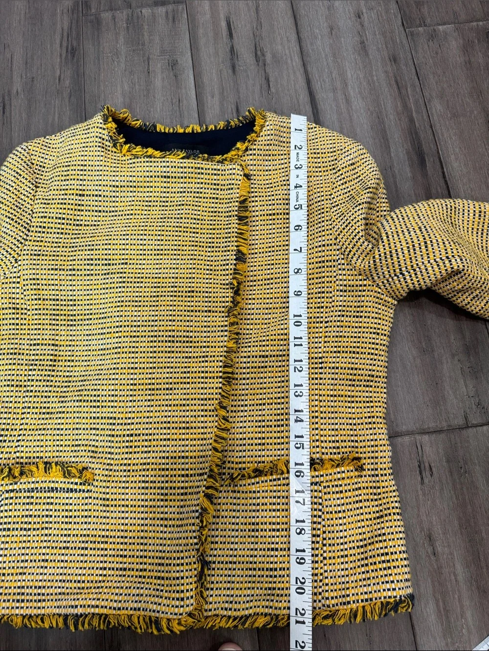Ann Taylor Yellow and Black Tweed Fringe Open-Front Blazer - Picture 8 of 8
